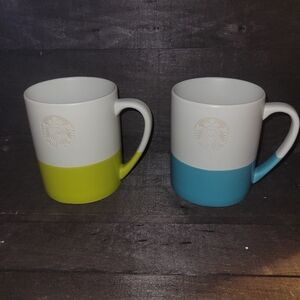 Starbucks 2014 etched mermaid coffee mugs 14 Oz aqua, green chartreuse & white